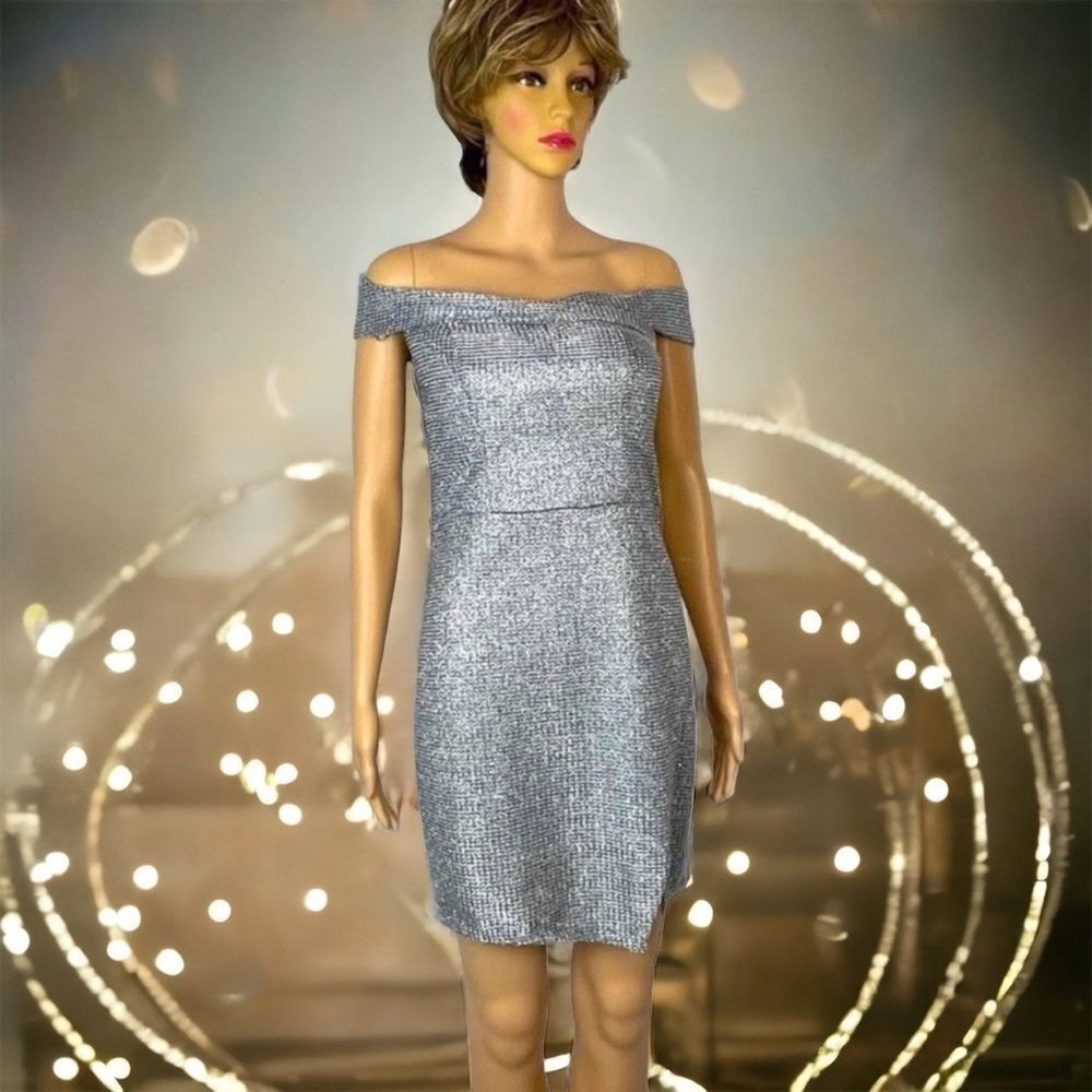 Sequin Hearts Metallic Silver Off The Shoulder Dress